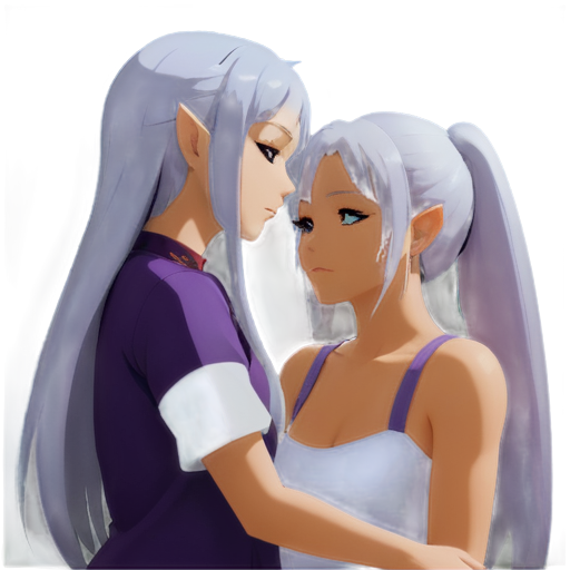 in anime style, feeding with her salt, 2d anime character, white European appearance,young two anime-style characters in a calm and intimate setting. The character in the foreground has long, silver or light purple hair,2 ponytails, pointed elf-like ear. Her eyes are closed, and she appears relaxed. as detailed as possible, wet and dripping in a cozy, dimly lit room. There's a gentle and caring atmosphere between the two characters, - icon | sticker