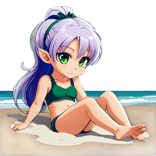 Anime young girl character with light purple, almost silver, hair styled in two low ponytails. She has pointed elf-like ears and large, expressive green eyes. teen, tiny, without shoes, on the beach, lying on the sand with her back up, heat, white sand, feeding her baby with her salt, white European appearance, young - icon | sticker