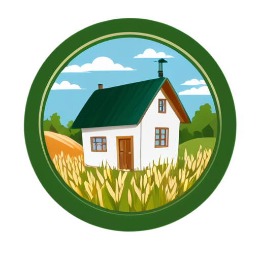 green minimalistic logo on white background with house sorrounded by spikelets of grain for family farm organic food webpage without any text - icon | sticker