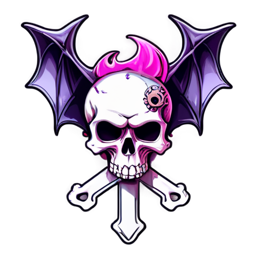 A skull burning in a purple-pink flame, behind which is a bat and a steampunk wrench folded into a cross - icon | sticker