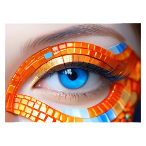 close-up photographic portrait of woman with strikingly vibrant blue eyes. The face should, intricate, tribal-inspired art, patterns, reminiscent of beadwork and ceremonial embellishments, scheme, rich reds, oranges, blues - icon | sticker