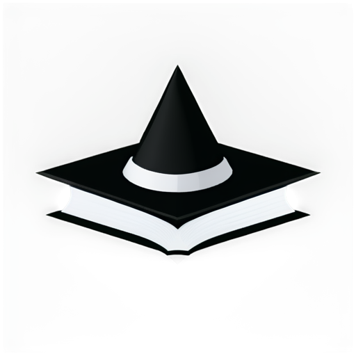 A black Witch's hat with a diamond Shape in the center of the hat floating above an open book - icon | sticker