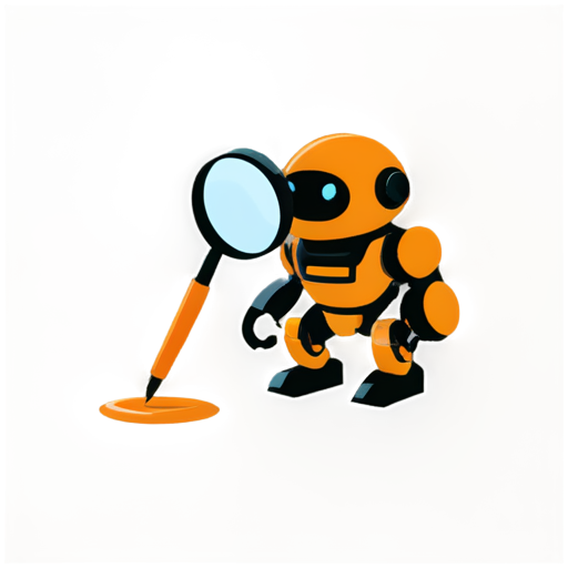 A simple robot, painted in orange and black, front and upper body, wearing a magnifying glass, squatting on the ground and marking its position with a red pen. - icon | sticker