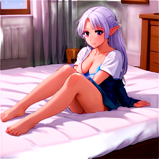 in anime style, day, girl, beautiful, silver-haired, pretty, young, without shoes, on the cosy room, lying on the bad with her back up,feeding with her salt, 2d anime character, white European appearance,young two anime-style characters in a calm and intimate setting. The character in the foreground has long, silver or light purple hair,2 ponytails, pointed elf-like ear. Her eyes are closed, and she appears relaxed. as detailed as possible, wet and dripping in a cozy, dimly lit room. There's a gentle and caring atmosphere between the two characters, - icon | sticker