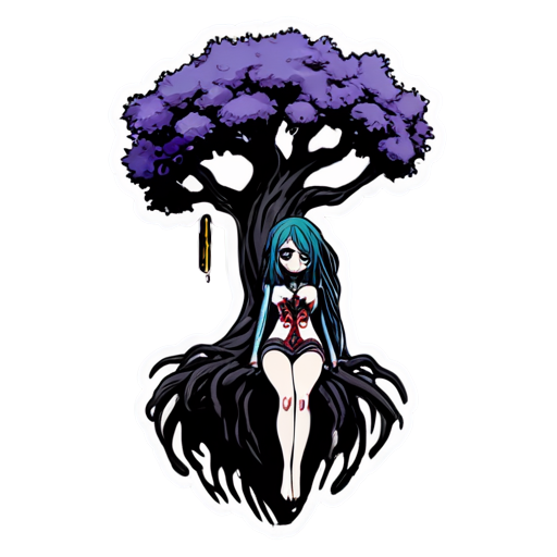 Dead dark mystic tree with suicide hanging girl - icon | sticker