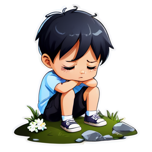 A young boy in grave with sadness, crying with tears,full broken - icon | sticker