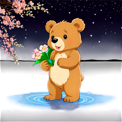 A cute anime brown bear holding flowers, while at the lake at night - icon | sticker