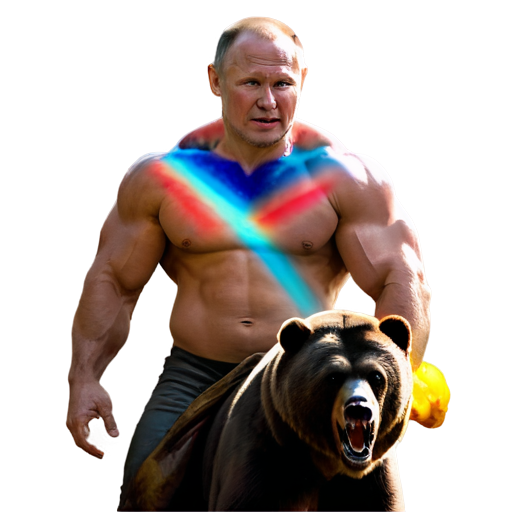 a muscular man with Putin's face riding a bear. A rainbow is shining from the bag. Evil freaks are hiding in a cave. - icon | sticker