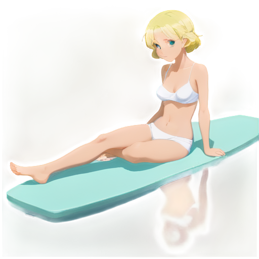 anime style, day, girl, beautiful, short stature, slender, pretty, young, without shoes, on the river, lying on the pool with her back up, heat, white sand, feeding her baby with her salt, 2d anime character, white European appearance, back end. oung anime young girl character with blond curly. She has large, expressive green eyes. teen, tiny - icon | sticker