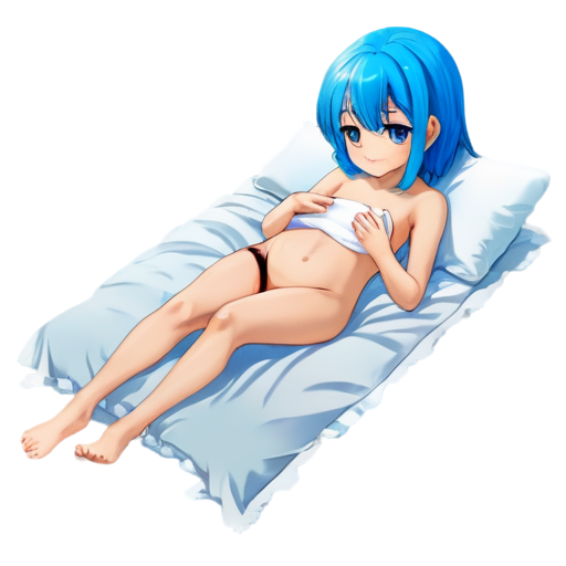 in anime style, day, girl, beautiful, blue-haired, slender, pretty, young, without shoes, on the bedroom, lying on the bad sand with her back up, heat, white blanket, feeding her baby with her salt, 2d anime character, white European appearance, young - icon | sticker