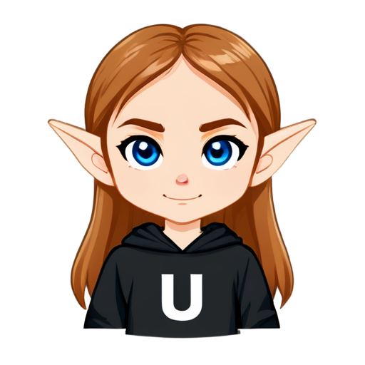 serious elf with light brown long hair, blue eyes, wearing a black sweatshirt with a capital letter u - icon | sticker