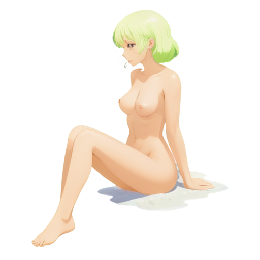 in anime style, day, girl, beautiful, short stature, slender, pretty, young, without shoes, on the river, lying on the pool with her back up, heat, white sand, feeding her baby with her salt, 2d anime character, white European appearance, back end. oung anime young girl character with blond curly. She has large, expressive green eyes. teen, tiny - icon | sticker