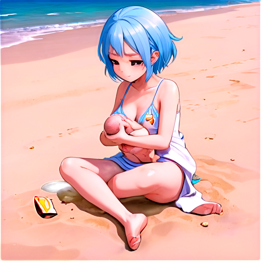 in anime style, day, girl, beautiful, blue-haired, slender, pretty, young, without shoes, on the beach, lying on the sand with her back up, heat, white sand, feeding her baby with her salt, 2d anime character, white European appearance, young - icon | sticker