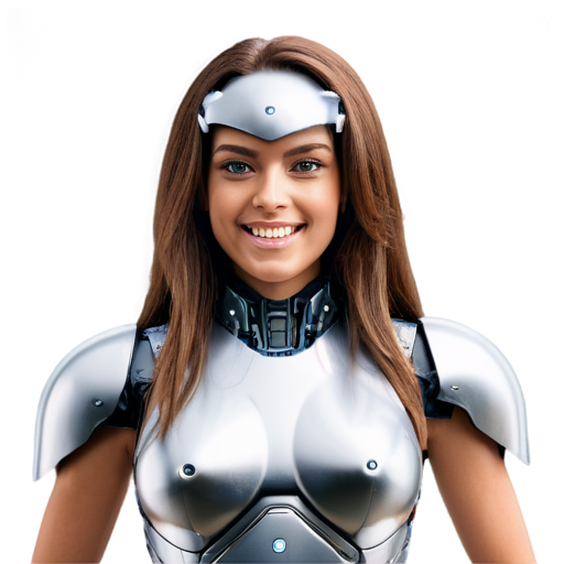 flying femine robot, face made with metall, shapy, long hair, brown glowing eyes, nice smile - icon | sticker
