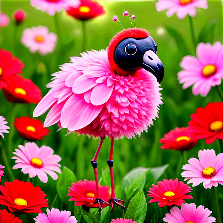 An adorable ladybug flamingo hybrid creature with flower petal-like feathers in a field of pink and red flowers, hyperrealistic - icon | sticker