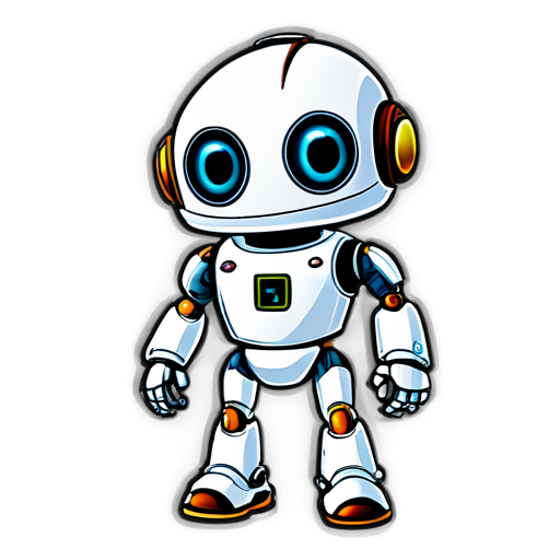 A simple robot wears a magnifying glass to mark coordinates on the ground - icon | sticker