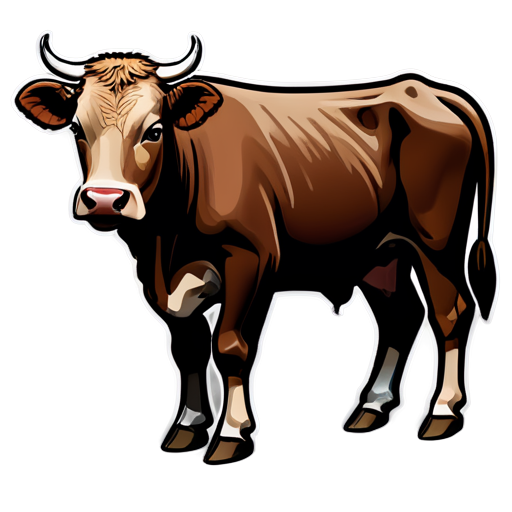 Design a simple yet modern icon that shows the profile of a beef cow. The image of the cow should be clear and easy to identify, highlighting the strong body and muscle line of the cow. In terms of color, dark brown or black can be used with a simple white or gray background to highlight the image of the cow. ICONS should have high contrast and good visual impact, making them clear and professional in a variety of sizes. - icon | sticker