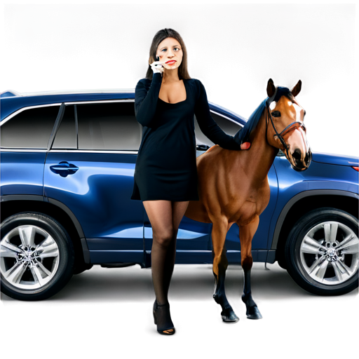 Toyota Highlander at night, a woman wearing black stockings and a horse head cover stands in front of the car, leaning against the front of the car and smoking - icon | sticker