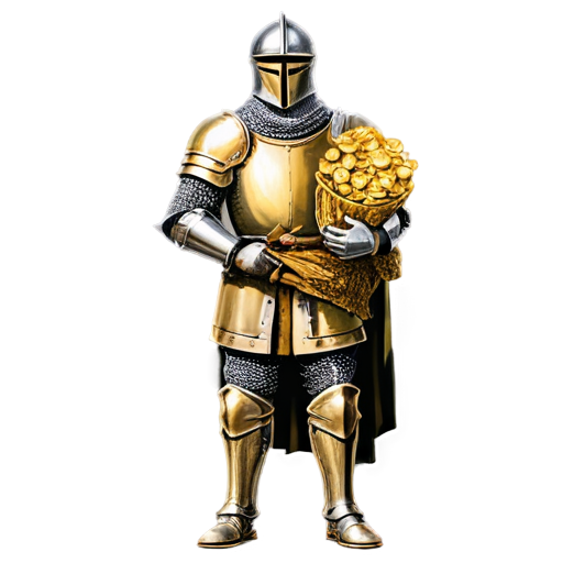 artistic art style medieval knight holding sack of gold coins - icon | sticker