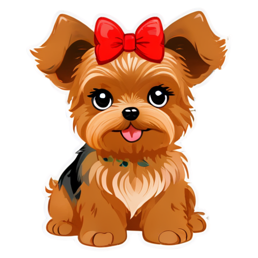 cute and sweet brown female yorkie dog, smiling, big black eyes, wearing a red hair bow on top of hair, - icon | sticker