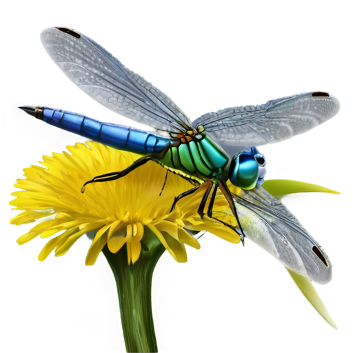 3D icon of an iridescent green-blue dragonfly with transparent blue wings and big eyes crawling on a fluffy yellow dandelion flower in detail - icon | sticker