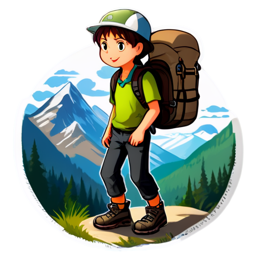 hiker who goes to the mountain in a symbole - icon | sticker