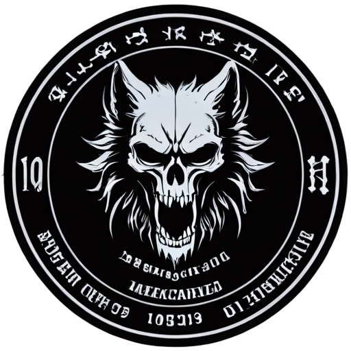 Military patch of a mechanized brigade, black metal style, skeletons, wolves, occult symbols and numbers, dungeon synth style - icon | sticker