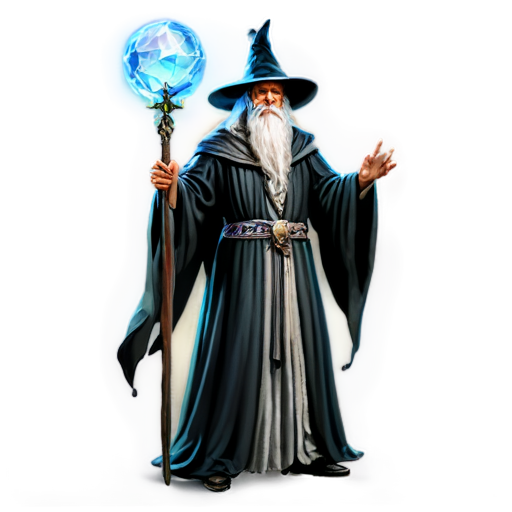 a wizard with the head of an alien stands above a magic ball in his right hand with a huge burning sword and in his left a huge magic ice staff - icon | sticker