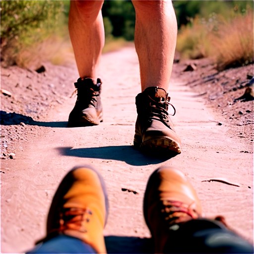 Use a similar close-up, ground-level perspective shot of feet walking on a dusty, rocky path. Focus on a pair of boots or shoes in the foreground, with the path stretching out ahead. Include a group of people walking in the distance, visible from the knees down. Use a warm color palette with earthy tones for the ground, contrasted with a clear blue sky. Apply a slightly grainy or vintage filter to give it an indie feel. Frame the image with a thin white border. Place the band name "Madreed" in the bottom left corner using a bold, sans-serif font in all lowercase letters. Put the track name "Way Down" in the bottom right corner, using the same font style. Use a light color for the text that contrasts well with the image, similar to the off-white used in the example. - icon | sticker