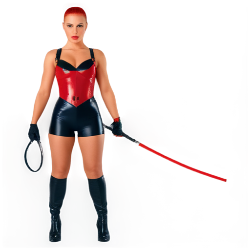 Latex-clad woman with straps and chains, holding a whip and looking at the viewer with a challenge. Her latex outfit shines in the light, and the straps and chains add an aggressive edge to her look. Her hair is pulled back into a high ponytail, and her lips are painted bright red. - icon | sticker