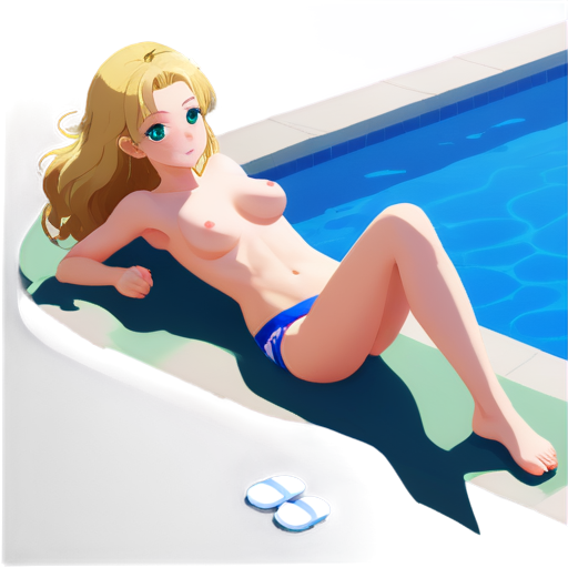 anime style, day, girl, beautiful, short stature, slender, pretty, young, without shoes, on the river, lying on the pool with her back up, heat, white sand, feeding her baby with her salt, 2d anime character, white European appearance, back end. oung anime young girl character with blond curly. She has large, expressive green eyes. teen, tiny - icon | sticker