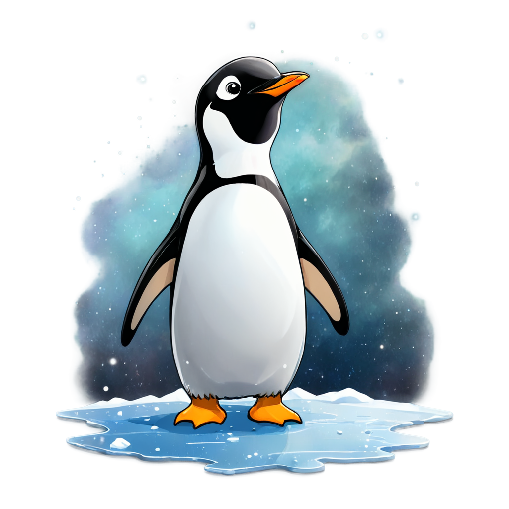 a penguin stands on the ice and looks up at the sky,starwhisper,galaxy,sea,from bottom,meteor, landscape,nebula, - icon | sticker