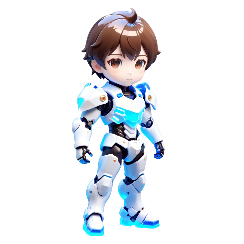 1boy, Mechanized armor, brown hair, full body, white and blue color scheme, standing pose, cute, mechanical details - icon | sticker