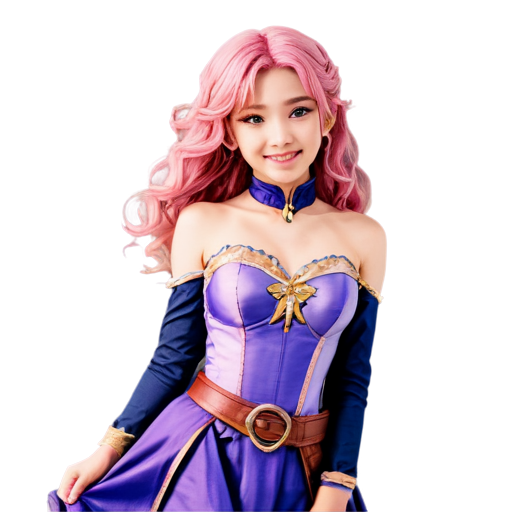 anime,chinese,, 1 female, solo, upper body, ((cowboy shot)), smile, (long curly hair:1.2), pink hair, purple eyes, elf, fantasy dress, heels, (hands behind back:1.3), good hands, sky, - icon | sticker