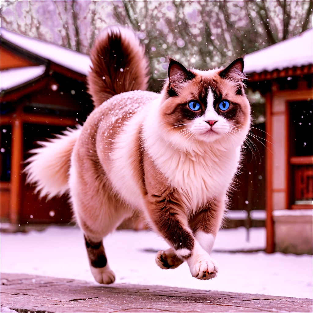 ragdoll,running,jip,snow,snowing,traditional Chinese architecture,outdoor,(close-up:1),cold weather,(animal portrait:1),clarity,falling snowflakes,daytime,sky, - icon | sticker