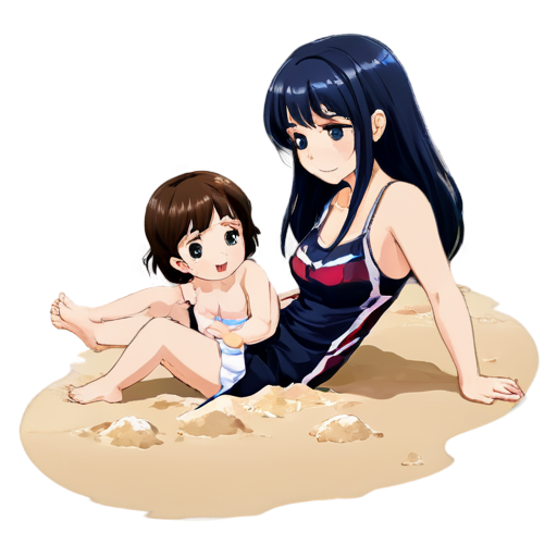 lying on the sand with her back up, heat, white sand, feeding her baby with her salt, in anime style, 2d anime character, white European appearance, young, day, girl, beautiful, dark-haired, curved, slender, pretty, young, without shoes, on the see, - icon | sticker