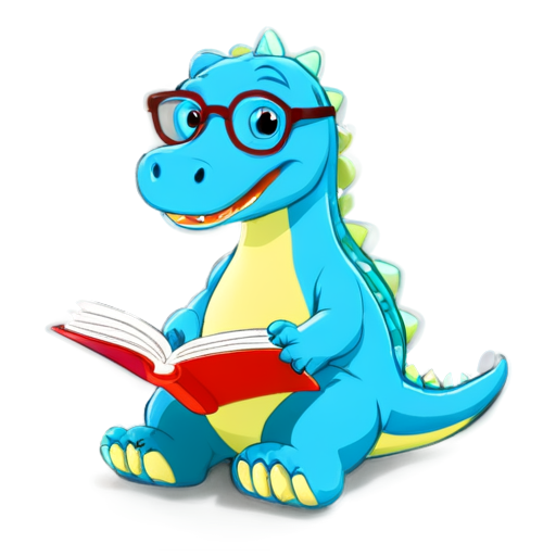 Blue dinosaur with glasses reading a book, Cute, vector illustration, contemporary, flat colors, smart - icon | sticker