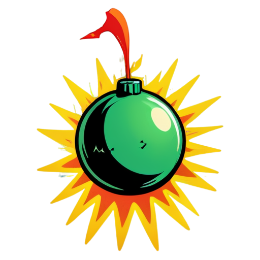 Illustration of a cartoon-style bomb with a green body and red tip, set against a bright explosion background in orange and yellow hues, creating a dynamic and explosive effect. - icon | sticker