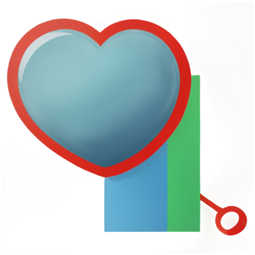 A creative composition of a red heart, a blue magnifying glass, and a green upward growth chart, geometric shapes, clean lines, modern sans-serif font, symbolizing analysis and development. - icon | sticker