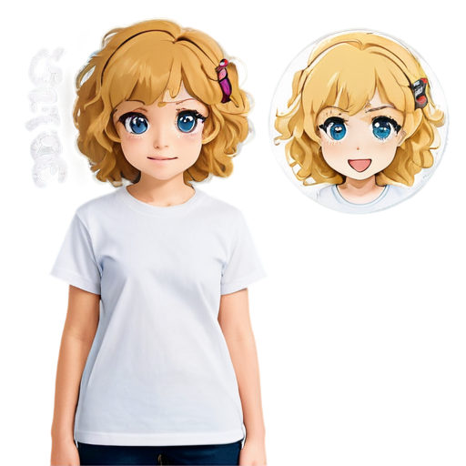 logo for a promts generator Anime, girl, sister, looks like a dwarf, tiny, slim, young, pretty. curly blond hair, not a standard angle, white t-shirt oversize, face - icon | sticker