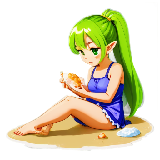 Anime young girl character with light purple, feeding her baby with her salt, white European appearance, almost silver, hair styled in two low ponytails. She has pointed elf-like ears and large, expressive green eyes. teen, tiny, without shoes, on the beach, lying on the sand with her back up, - icon | sticker