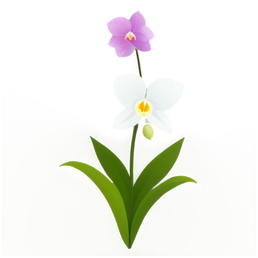 Epic full-body illustration of an orchid, with intricate purple and white petals, detailed texture, lush green leaves, exotic tropical background, high-definition, realistic style. - icon | sticker