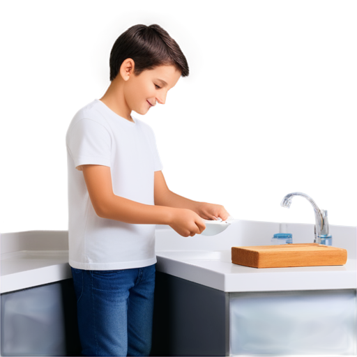 A 10-year-old European boy washes a plate at the sink. behind him you can see an apartment with light-colored walls and a smiling mother. - icon | sticker