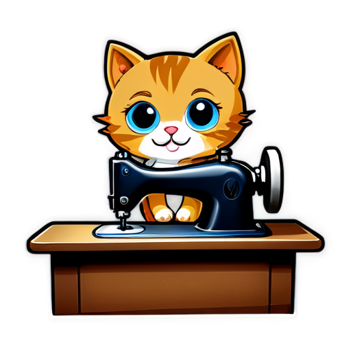 Sticker, of a cute happy cat sewing in a sewing machine. Simple. Vintae. Big eyes - icon | sticker