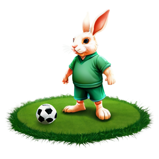 create a cool huge fairy tale rabbit in football shoes, who stands on the green grass in the center of the football field with a football under his foot - icon | sticker