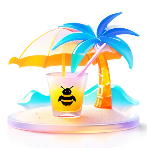 A bumblebee sunbathes under a beach umbrella with a cocktail glass with a straw against the background of two palm trees - icon | sticker