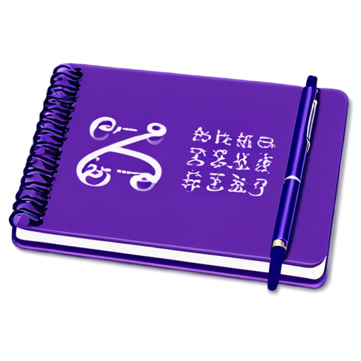 Purple notebook with a pen with mathematical symbols - icon | sticker