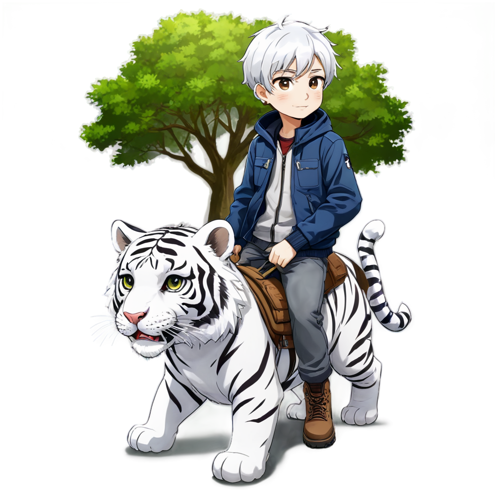 nature, forest, 1boy, gray hair, riding, outdoors, tree,plant, short hair, white tiger, boots, bird, pants, jacket, day, gray pants, long sleeves,Ride, Jungle - icon | sticker