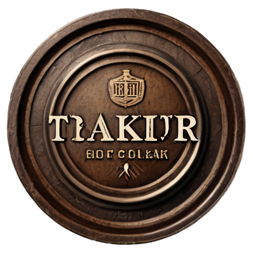 Tavern. Round logo. with the text around the edge inside "Good loot and soft tray". The inscription "TRAKTNR" in the center. Antique brown color reminiscent of a coin - icon | sticker