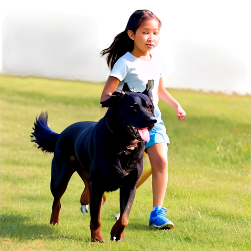 The young girl, with long brown hair braided, stands about 120cm tall, indicating her youthfulness. The large black dog, with short fur and muscular build, runs alongside her. They are running on a wide expanse of grass bathed in morning sunlight. As they run, the girl's dress and braided hair flutter in the breeze, creating a sense of movement. In the distance, well-groomed gardeners can be seen, adding depth to the scene. This photograph captures a realistic feel. --v 6.0 - icon | sticker